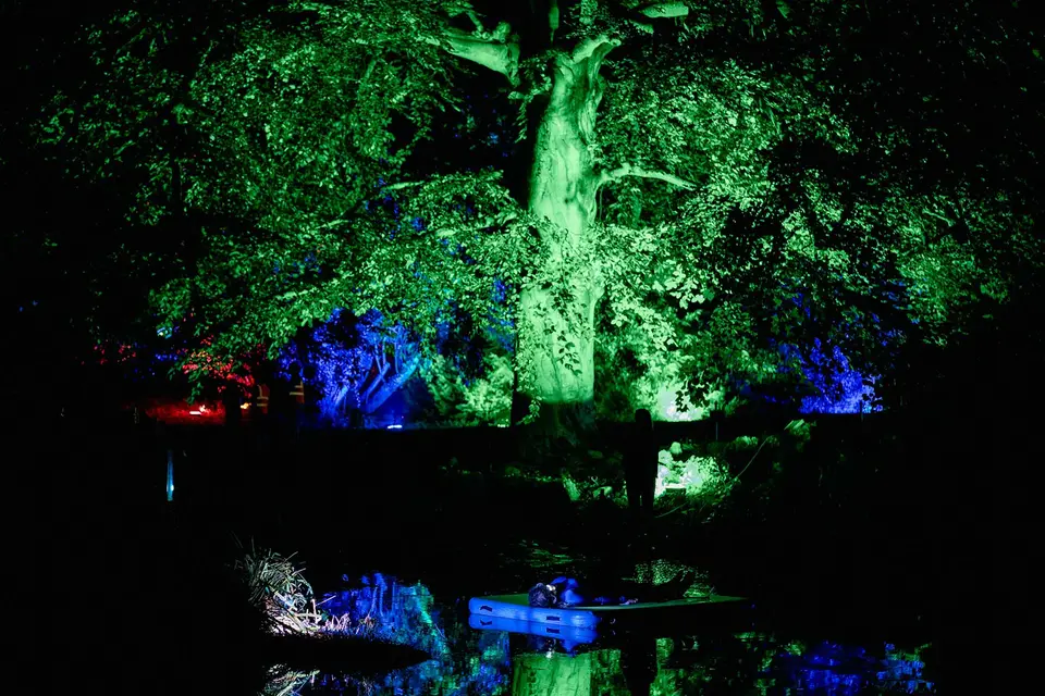 night time an artist is lying on a platform in the middle of the pond
