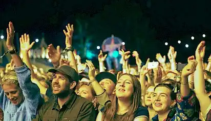 A crowd of people raising their hands in excitement at Green Man festival