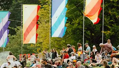 Striped flags waving with people sitting below at Green Man festival