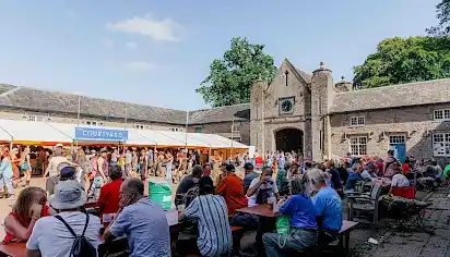 The Courtyard beer festival, large groups of people sit at picnic benches enjoying the sunshine and drinks