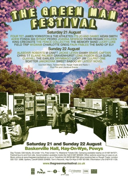 Official Green Man Festival 2004 poster set at Baskerville Hall, Hay-on-Wye, Wales (August 21–22). Features headliners Four Tet and Alasdair Roberts alongside James Yorkston, Joanna Newsom, Adem, Jackie Leven, Aidan Smith, and The Fence Collective, styled with green botanical artwork and stylized typography.