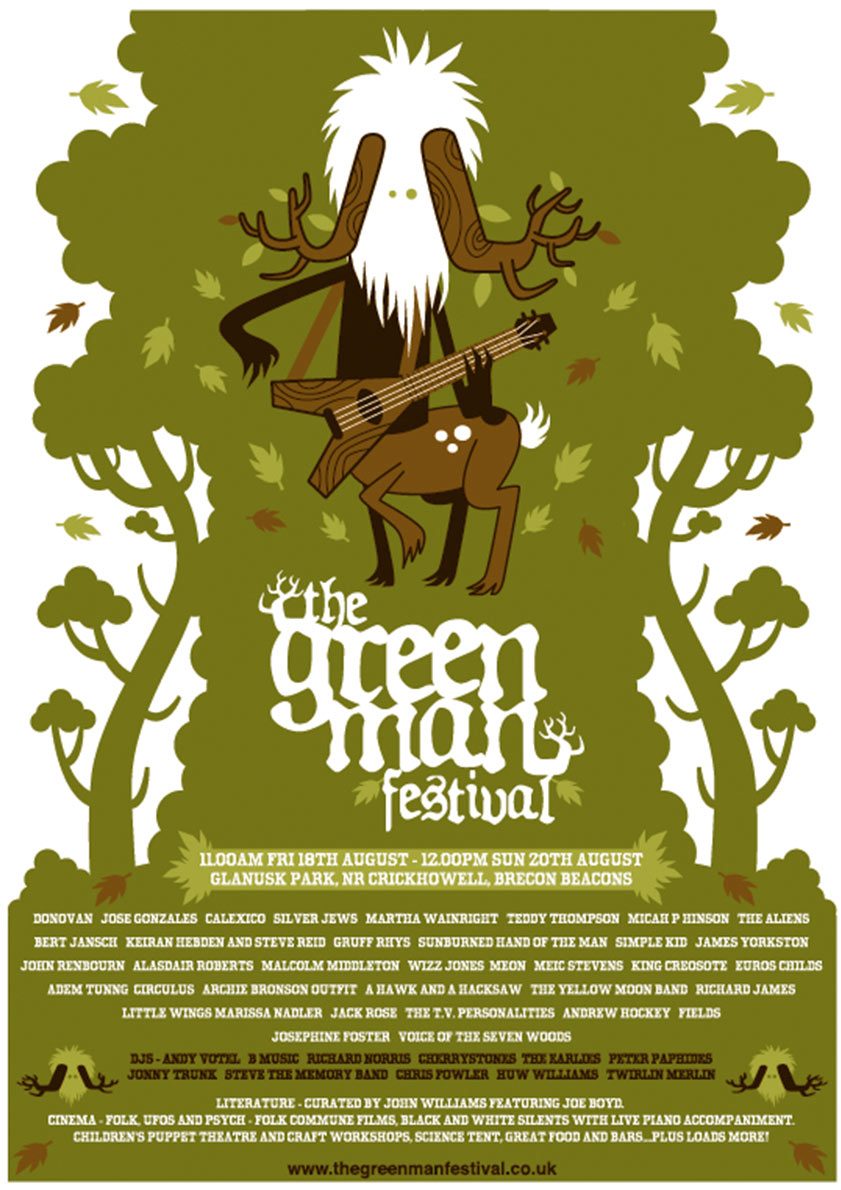 Official Green Man Festival 2006 poster set in Glanusk Park, Brecon Beacons, Wales (August 18–20). Highlights main headliners Donovan, José González, and Calexico, alongside featured acts Bert Jansch, King Creosote, James Yorkston, Gruff Rhys, Tunng, Adem, and Martha Wainwright, framed by signature botanical poster illustration.