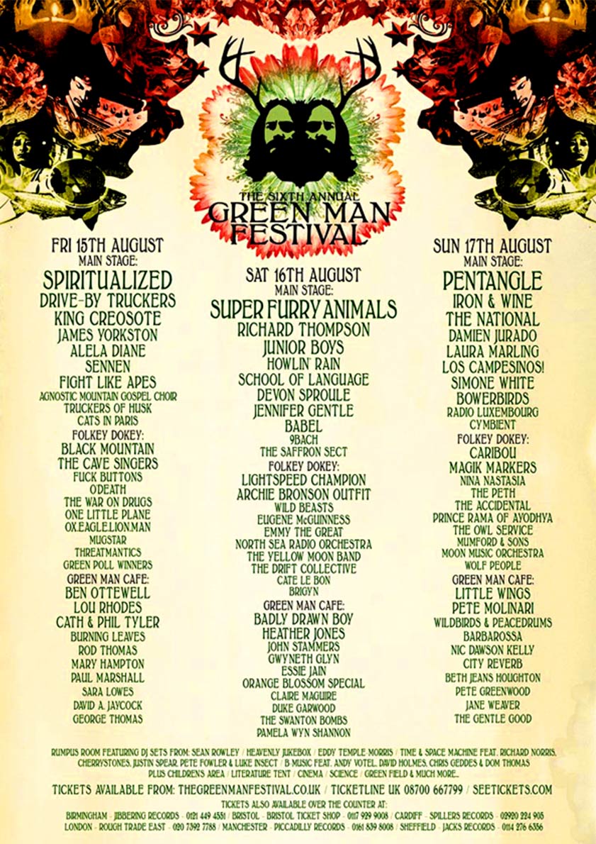 Official Green Man Festival 2008 poster set in Glanusk Park, Brecon Beacons, Wales (August 15–17). Features main headliners Spiritualized, Super Furry Animals, and Pentangle, alongside featured performers The National, Badly Drawn Boy, Iron & Wine, Black Mountain, Laura Marling, and Richard Thompson, framed by signature botanical poster illustration.