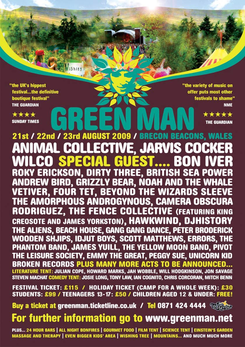 Official Green Man Festival 2009 poster set in Glanusk Park, Brecon Beacons, Wales (August 21–23). Highlights headliners Animal Collective, Jarvis Cocker, and Wilco, alongside featured performers Bon Iver, Four Tet, Grizzly Bear, Hawkwind, Dirty Three, and Beach House, framed by signature botanical poster illustration.