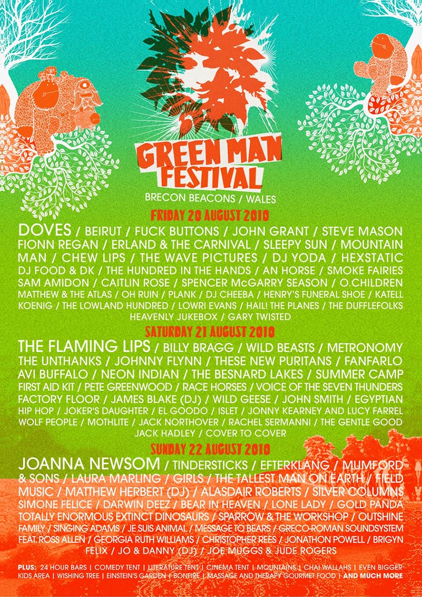 Official Green Man Festival 2010 poster set in Glanusk Park, Brecon Beacons, Wales (August 20–22). Features main headliners Doves, The Flaming Lips, and Joanna Newsom, along with featured acts Mumford & Sons, Laura Marling, Tindersticks, Beirut, Billy Bragg, Wild Beasts, and Fuck Buttons, framed by signature botanical poster illustration.