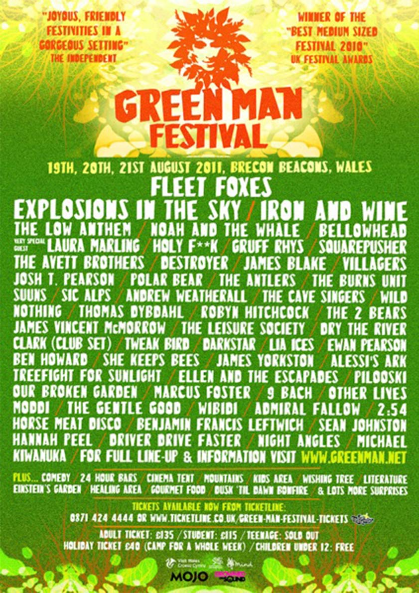 Official Green Man Festival 2011 poster set in the Brecon Beacons, Wales (August 19–21). Features headliners Fleet Foxes, Explosions in the Sky, Iron & Wine, and Laura Marling, along with featured performers The Antlers, Braintax, Noah and the Whale, The Avett Brothers, Suicide, and Wild Beasts, framed by signature botanical poster illustration.
