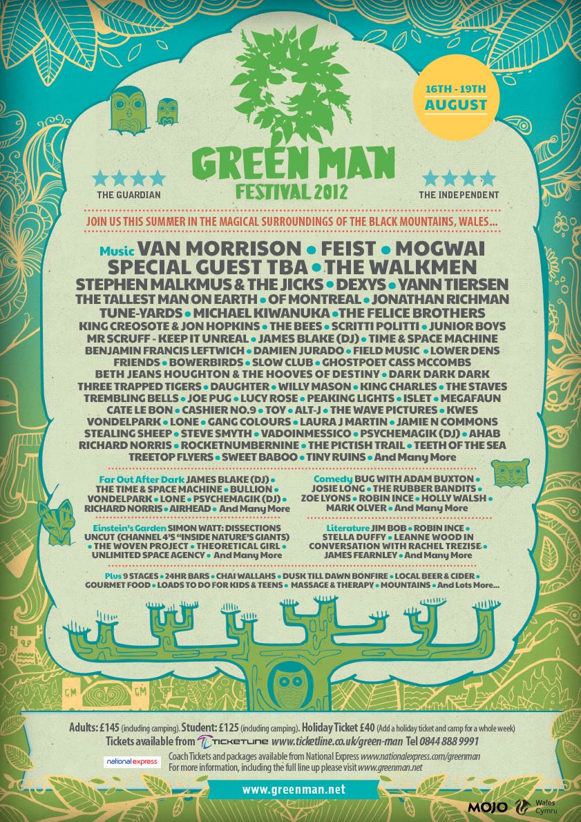 Official 10th Anniversary Green Man Festival 2012 poster set in the Brecon Beacons, Wales (August 17–19). Highlights headliners Mogwai, Feist, Van Morrison, and Thursday headliner Dexys, alongside featured acts The Walkmen, Yann Tiersen, Junior Boys, The Felice Brothers, Jonathan Richman, and Michael Kiwanuka, framed by signature botanical poster illustration.