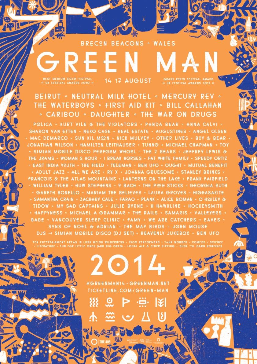 Official Green Man Festival 2014 poster set in the Brecon Beacons, Wales (August 14–17). Highlights headliners Beirut, Neutral Milk Hotel, Mercury Rev, and Waterboys, alongside featured performers Caribou, First Aid Kit, Slint, Sharon Van Etten, Poliça, Real Estate, and Daughter, framed by signature botanical poster illustration.