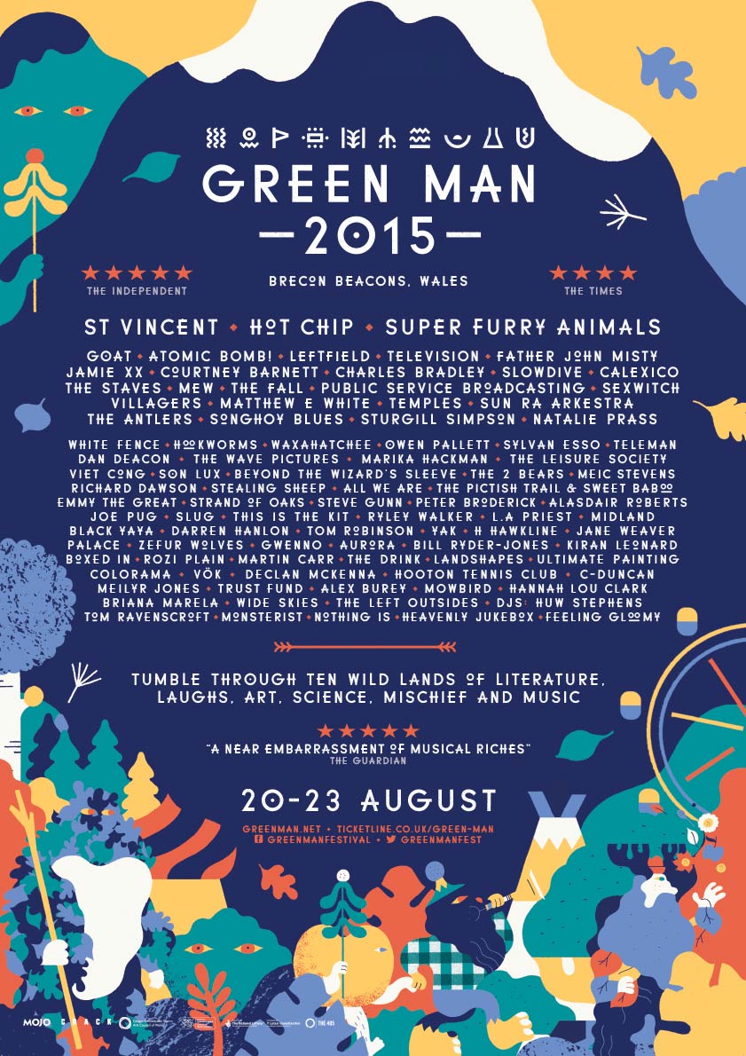 Official Green Man Festival 2015 poster set in the Brecon Beacons, Wales (August 20–23). Highlights headliners St. Vincent, Super Furry Animals, Hot Chip, and Leftfield, alongside featured performers Goat, Father John Misty, Calexico, Sun Ra Arkestra, Courtney Barnett, and The Fall, framed by signature botanical poster illustration.