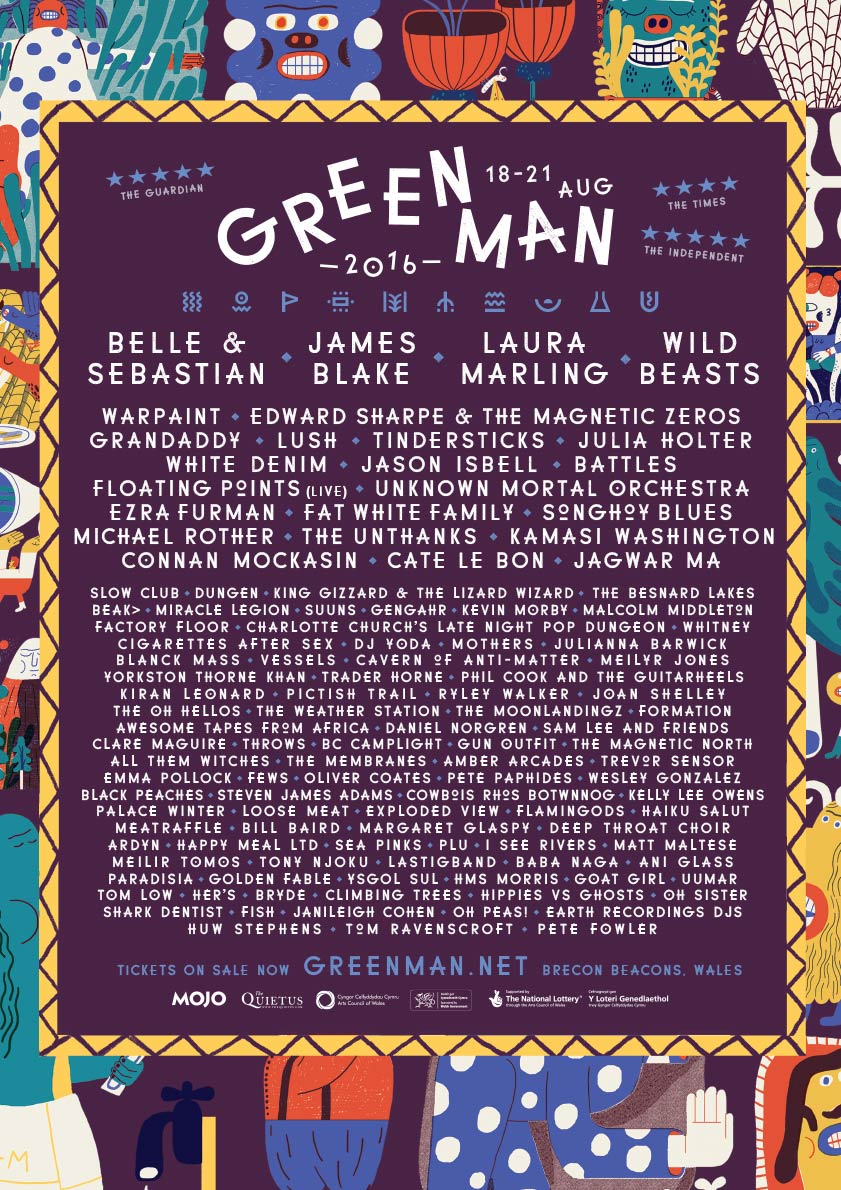 Official Green Man Festival 2016 poster set in the Brecon Beacons, Wales (August 18–21). Features headliners Belle and Sebastian, James Blake, Laura Marling, and Wild Beasts, along with featured performers Warpaint, Grandaddy, Kamasi Washington, King Gizzard & The Lizard Wizard, Battles, and Floating Points, framed by signature botanical poster illustration.
