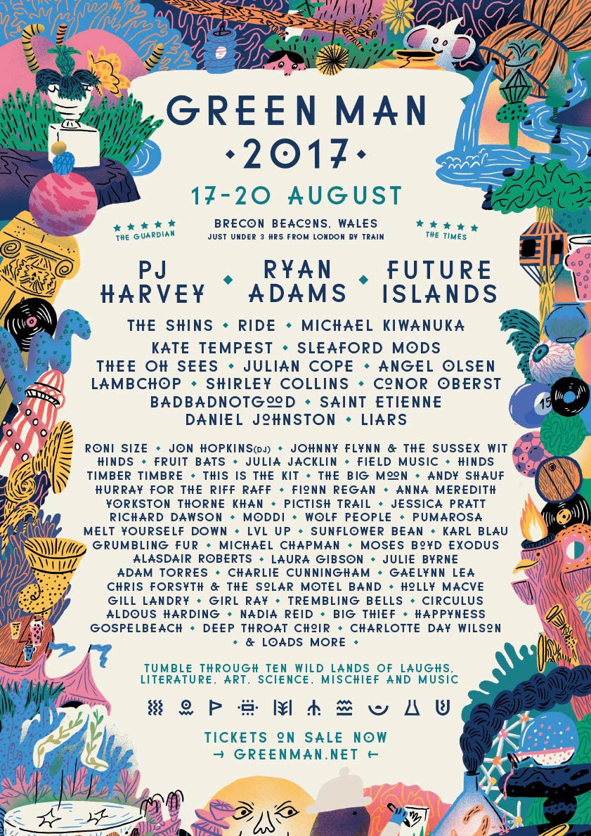 Official Green Man Festival 2017 poster set in the Brecon Beacons, Wales (August 17–20). Highlights main headliners PJ Harvey, Ryan Adams, and Future Islands, alongside Thursday headliner Ride and featured acts Michael Kiwanuka, Lambchop, Conor Oberst, Angel Olsen, and BADBADNOTGOOD, framed by signature botanical poster illustration.