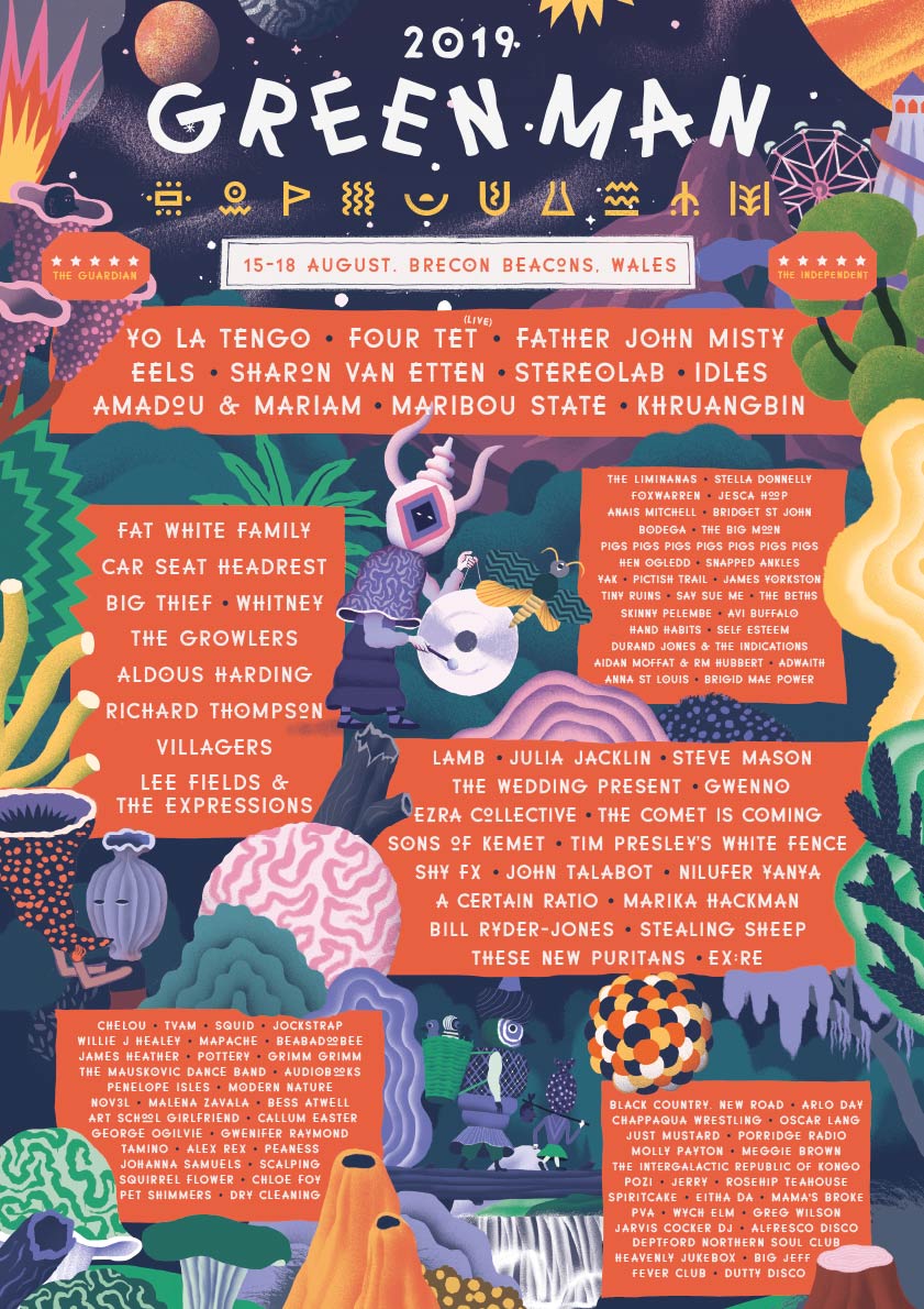 Official Green Man Festival 2019 poster set in the Brecon Beacons, Wales (August 15–18). Features headliners Four Tet (Live), Father John Misty, Idles, and Sharon Van Etten, alongside featured acts Broken Social Scene, Stereolab, Amadou & Mariam, Maribou State, Khruangbin, and Car Seat Headrest, framed by signature botanical poster illustration.