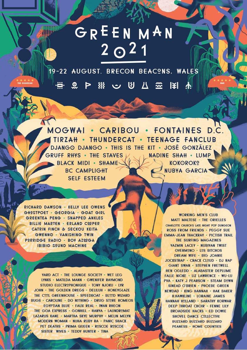 Official Green Man Festival 2021 poster set in the Brecon Beacons, Wales (August 19–22). Features headliners Mogwai, Caribou, Fontaines D.C., Little Dragon, and Thundercat, alongside featured performers Teenage Fanclub, Django Django, Jose Gonzalez, Gruff Rhys, and Black Midi, framed by signature botanical poster illustration.