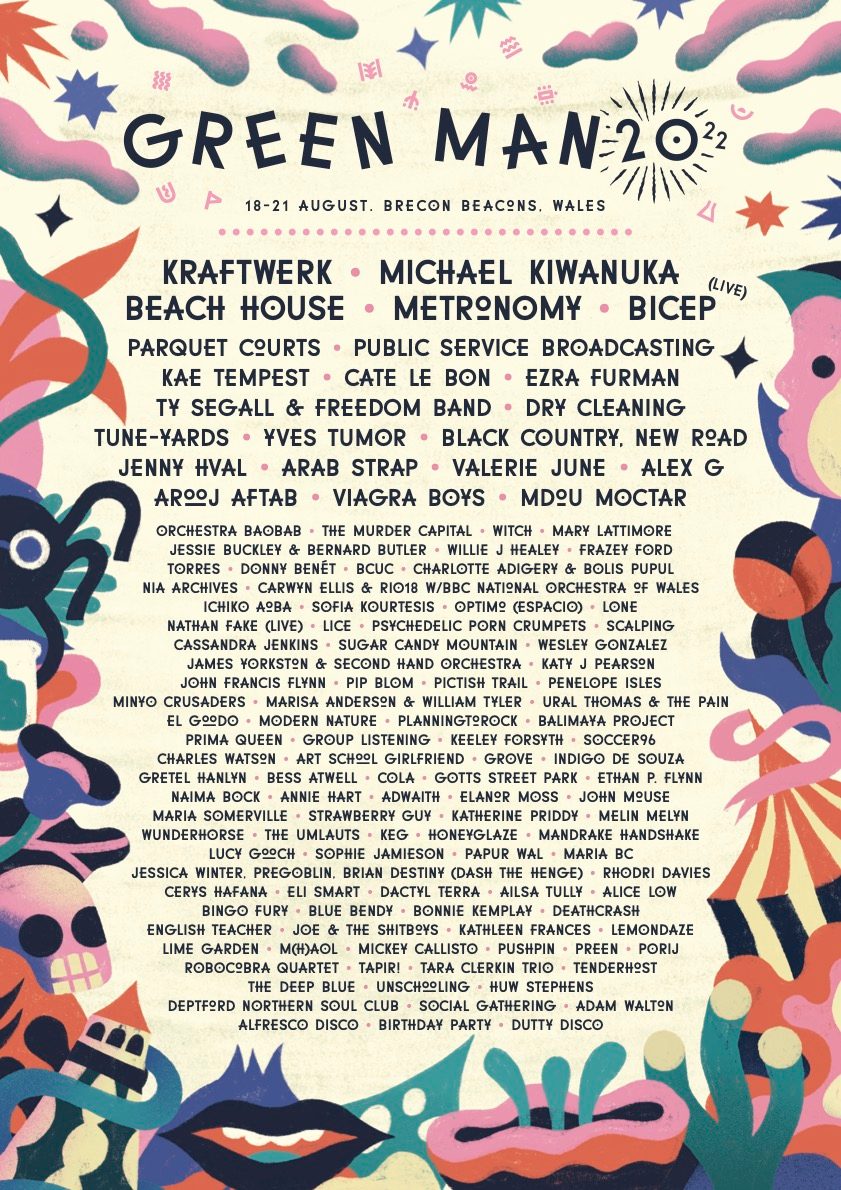 Official Green Man Festival 2022 poster set in the Brecon Beacons, Wales (August 18–21). Highlights headliners Kraftwerk, Michael Kiwanuka, Beach House, and Metronomy, along with featured performers Bicep, Parquet Courts, Low, Cate Le Bon, and Kae Tempest, framed by signature botanical poster illustration.