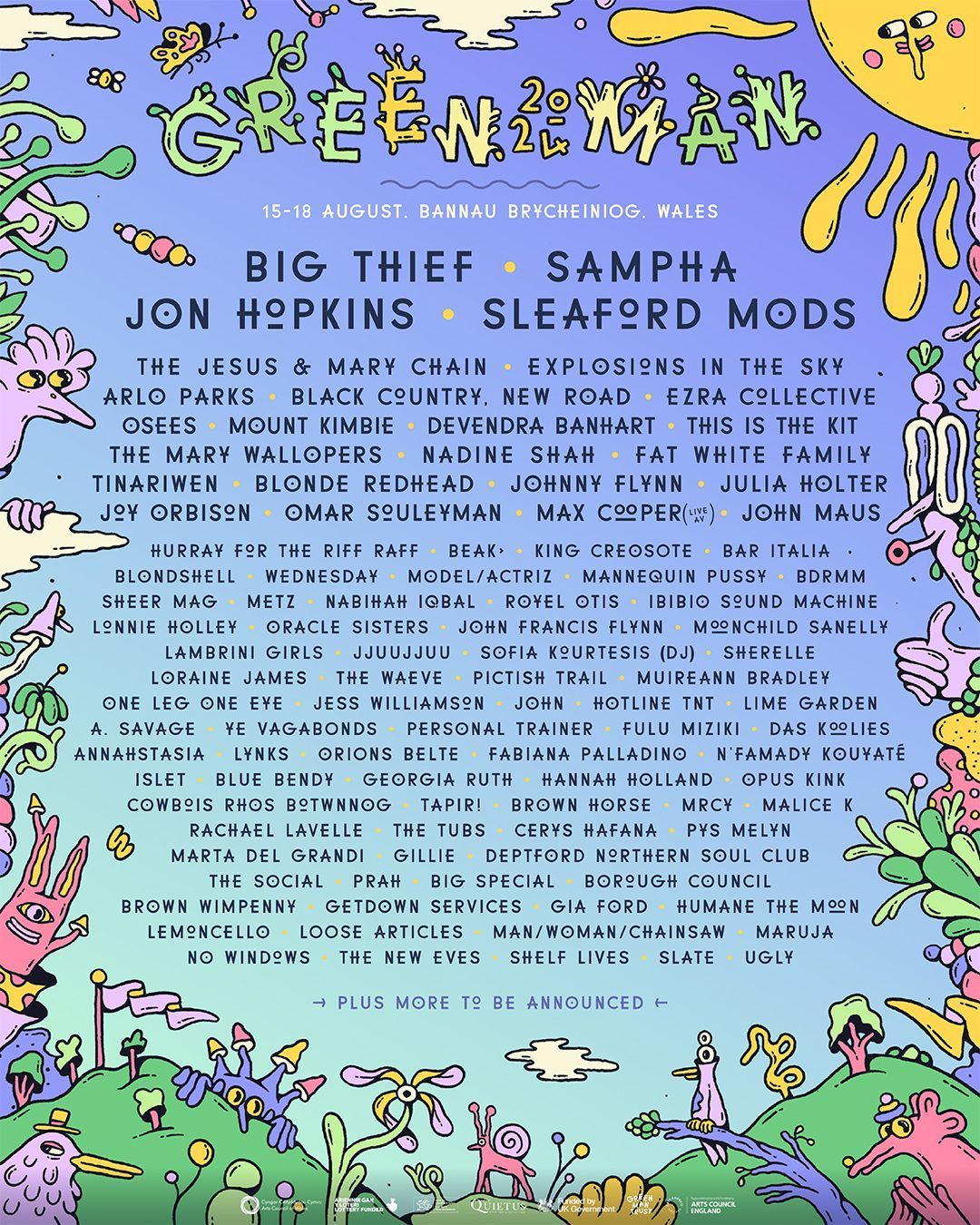 Official Green Man Festival 2024 poster set in Bannau Brycheiniog, Wales (August 15–18). Features headliners Big Thief, Sampha, Jon Hopkins, and Sleaford Mods, alongside featured performers Ezra Collective, Arlo Parks, Explosions in the Sky, and The Jesus and Mary Chain, framed by signature botanical poster artwork.