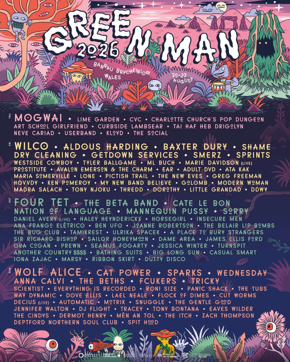 Official Green Man Festival 2026 poster set in Bannau Brycheiniog, Wales (August 20–23). Displays headliners Wolf Alice, Four Tet, Wilco, and Mogwai, along with featured artists Cat Power, The Beta Band, Sparks, and Aldous Harding, framed by leafy foliage artwork.