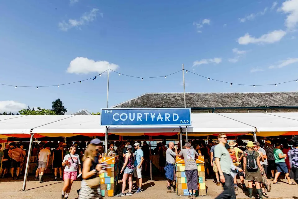 people walking past a sign reading courtyard