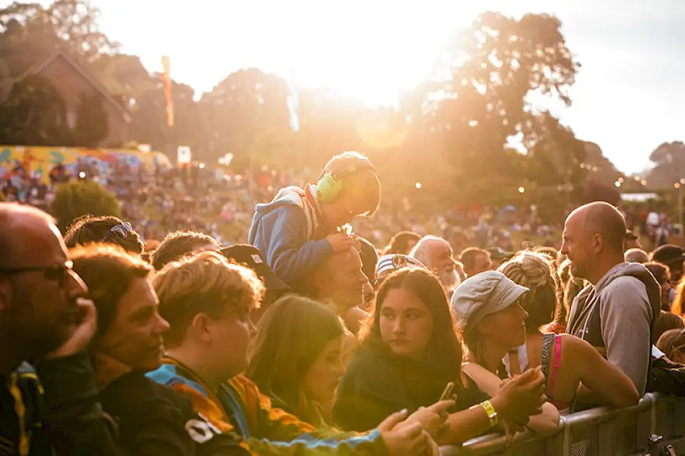 Crowd at Green Man Festival as the sun sets